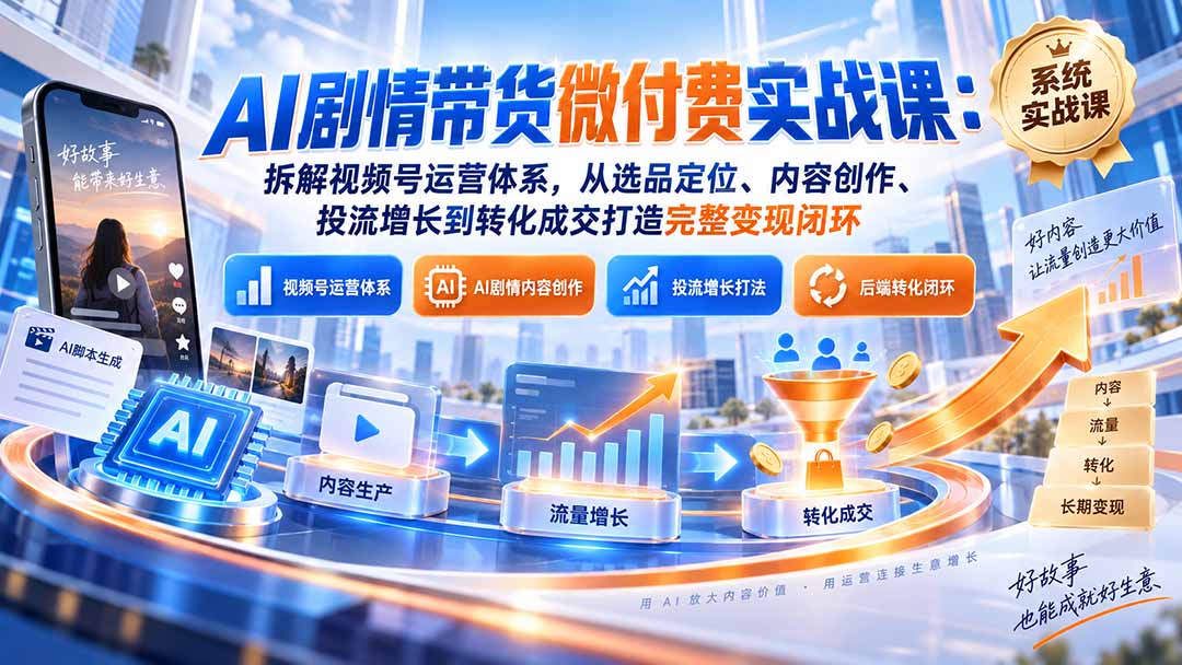 图片[1]-AI剧情带货微付费实战课：拆解视频号运营体系，从选品定位、内容创作、投流增长到转化成交打造完整变现闭环-酷乐网
