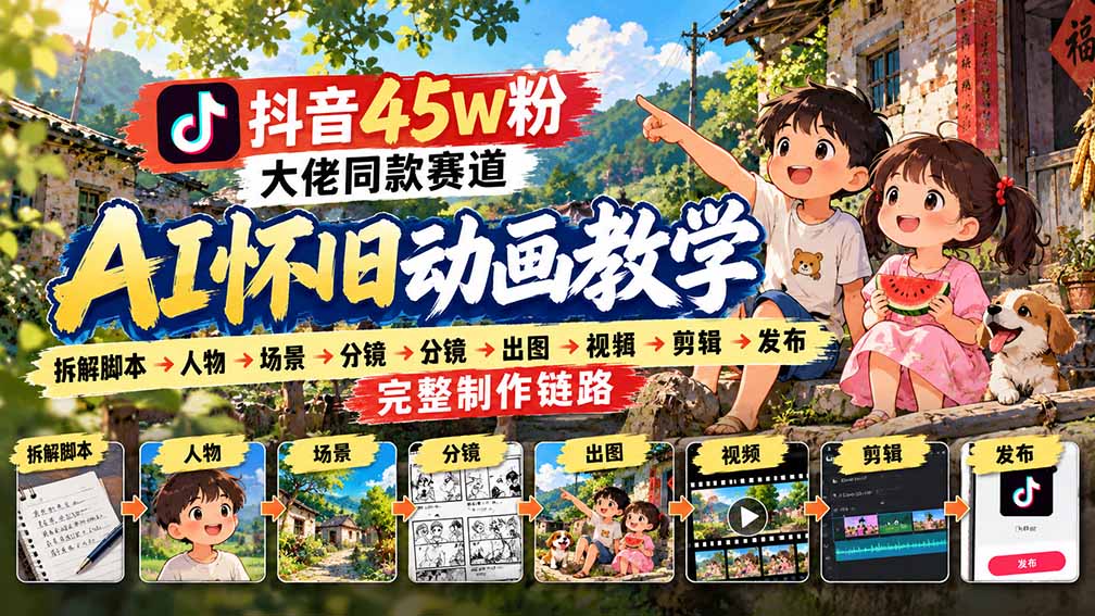 抖音45W粉大佬同款赛道AI怀旧动画教学:拆解脚本→人物→场景→分镜→出图→视频→剪辑→发布完整制作链路-酷乐网