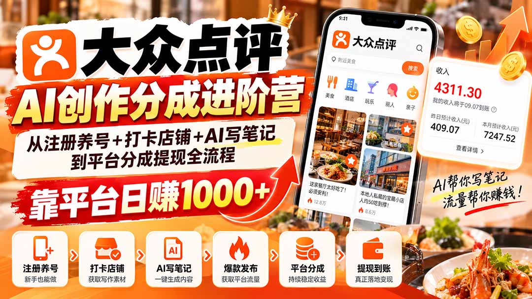 图片[1]-大众点评AI创作分成进阶营：从注册养号+打卡店铺+AI写笔记到平台分成提现全流程，靠平台日赚1000+-酷乐网