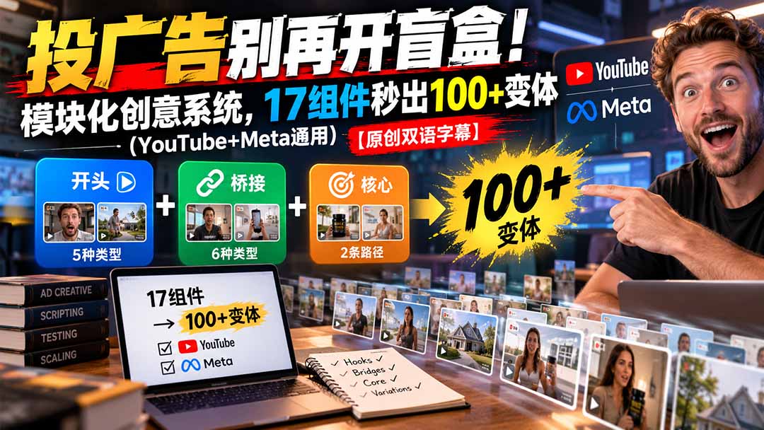 投广告别再开盲盒!模块化创意系统,17组件秒出100+变体(YouTube+Meta通用)【原创双语字幕】-酷乐网