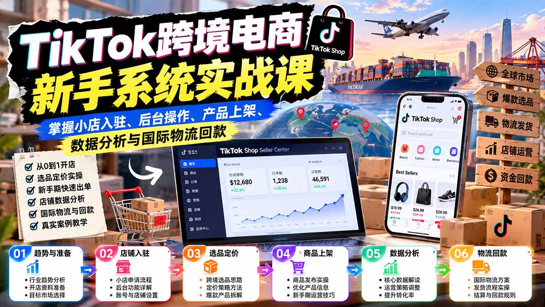 TikTok跨境电商新手系统实战课:掌握小店入驻、后台操作、产品上架、数据分析与国际物流回款-酷乐网