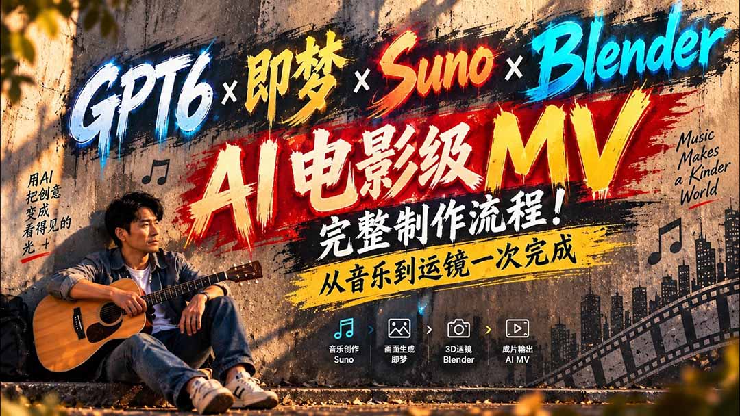 GPT6×即梦×Suno×Blender|AI电影级MV完整制作流程!从音乐到运镜一次完成 (无水印)-酷乐网