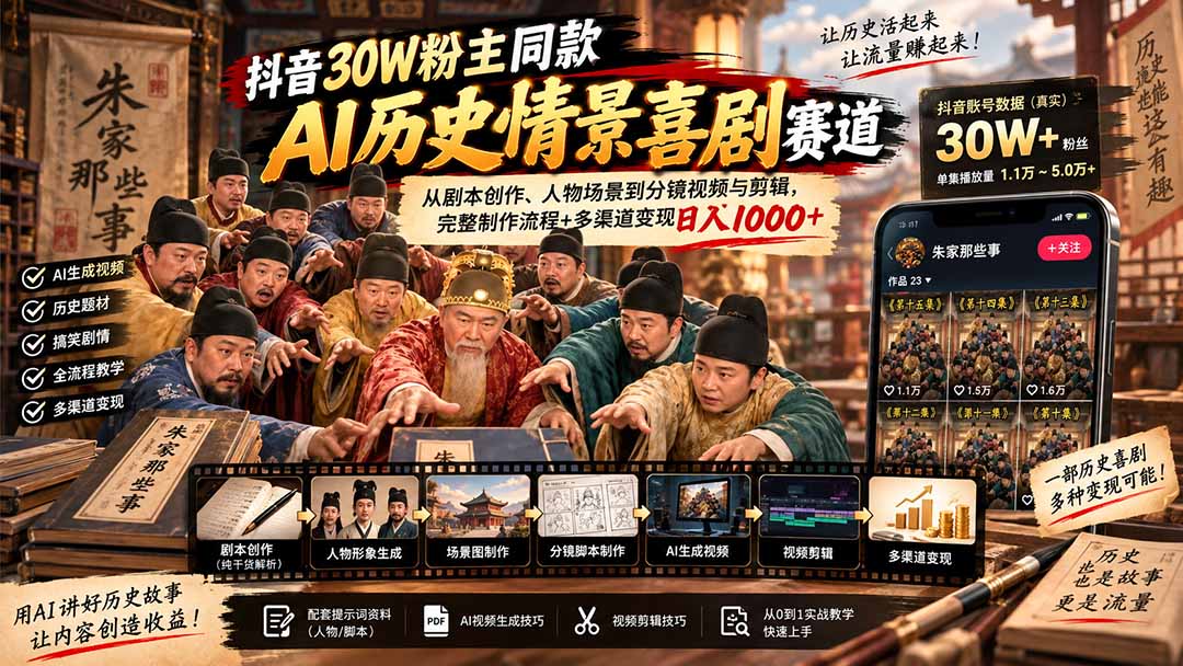 抖音30W粉博主同款AI历史情景喜剧赛道：从剧本创作、人物场景到分镜视频与剪辑，完整制作流程+多渠道变现日入1000+-酷乐网