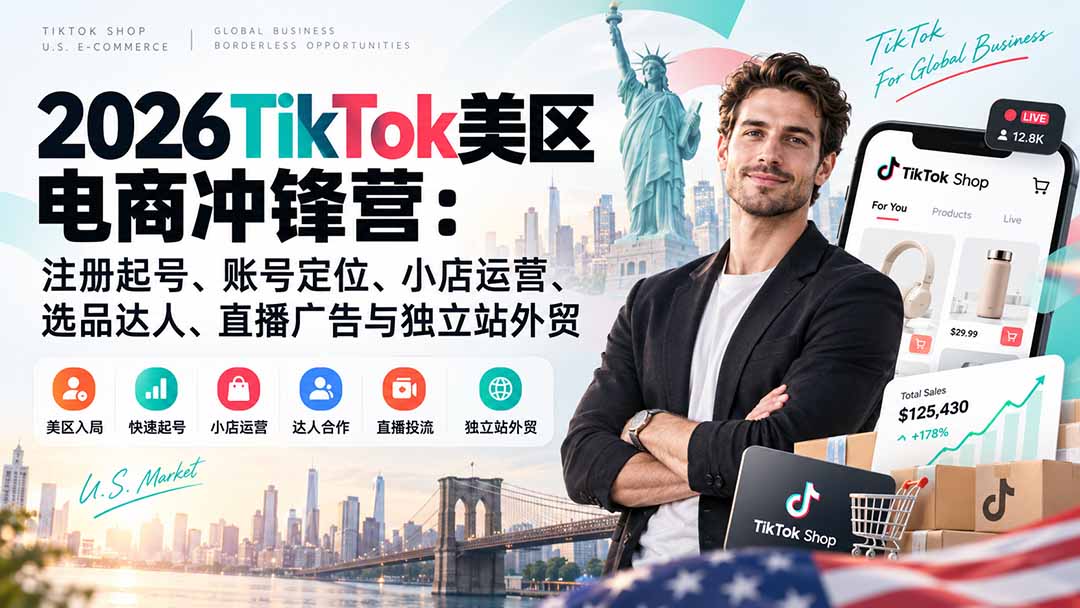 2026TikTok美区电商冲锋营：注册起号、账号定位、小店运营、选品达人、直播广告与独立站外贸-酷乐网