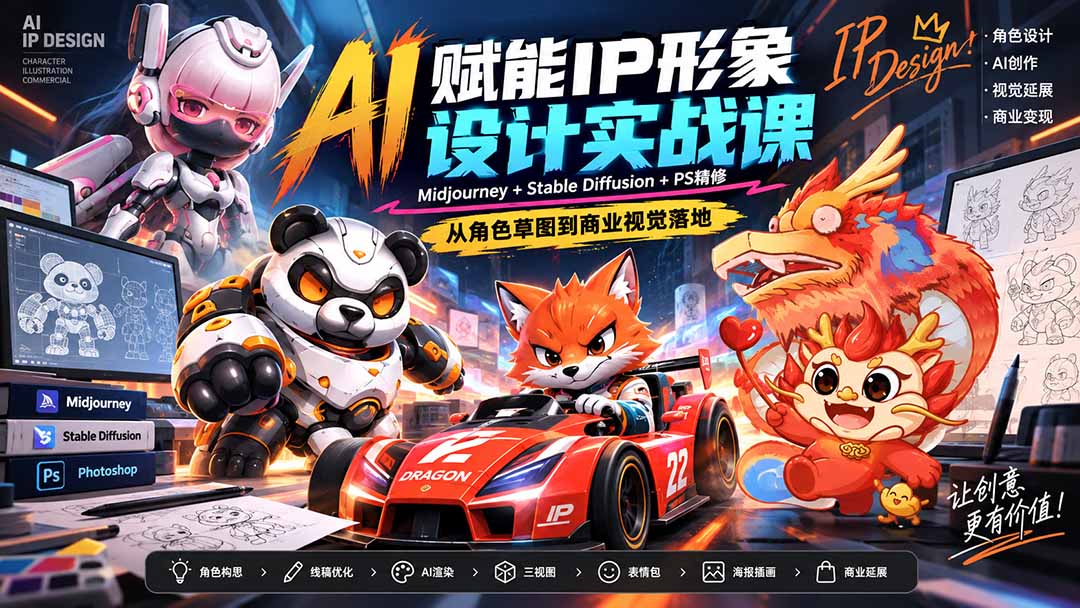 图片[1]-AI赋能IP形象设计实战课-无水印：Midjourney+Stable Diffusion+PS精修，从角色草图到商业视觉落地-酷乐网