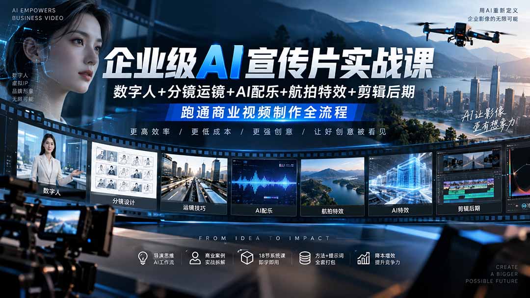图片[1]-企业级AI宣传片实战课｜数字人+分镜运镜+AI配乐+航拍特效+剪辑后期，跑通商业视频制作全流程-酷乐网