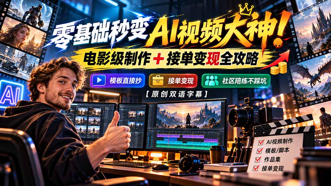 零基础秒变AI视频大神!电影级制作 + 接单变现全攻略,模板直接抄,社区陪练不踩坑【原创双语字幕】-酷乐网