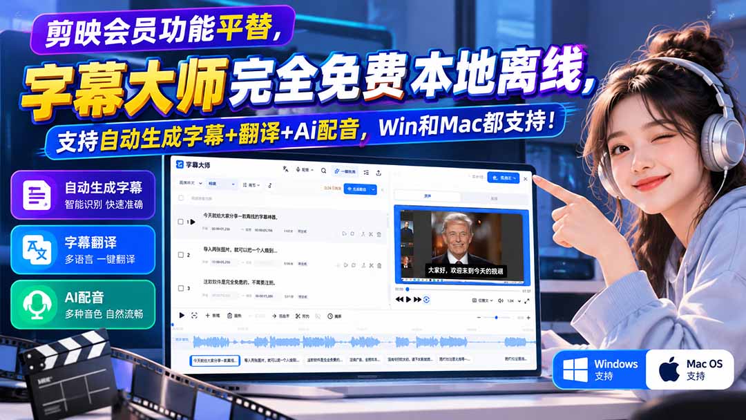 图片[1]-剪映会员功能平替，字幕大师完全免费本地离线，支持自动生成字幕+翻译+Ai配音，Win和Mac都支持！-酷乐网