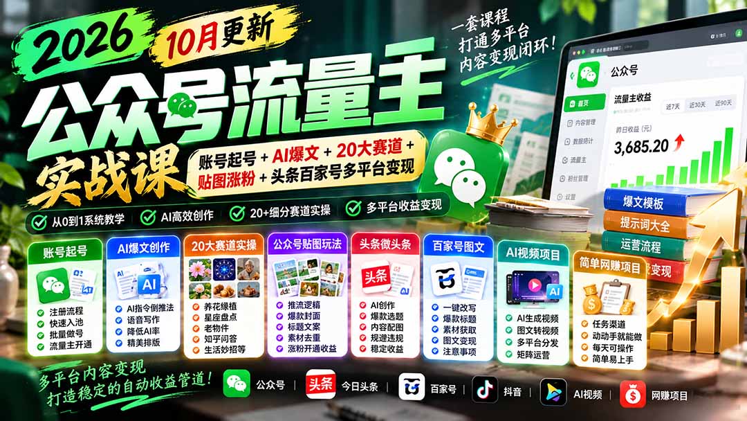 图片[1]-2026公众号流量主实战课-10月更新：账号起号+AI爆文+20大赛道+贴图涨粉+头条百家号多平台变现-酷乐网