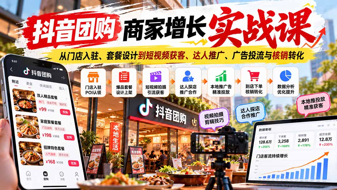 抖音团购商家增长实战课：从门店入驻、套餐设计到短视频获客、达人推广、广告投流与核销转化-酷乐网