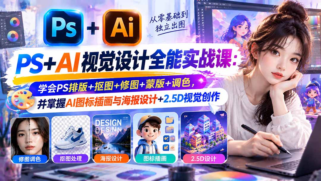 图片[1]-【无水印】PS+AI视觉设计全能实战课：学会PS排版+抠图+修图+蒙版+调色，并掌握AI图标插画与海报设计+2.5D视觉创作-酷乐网
