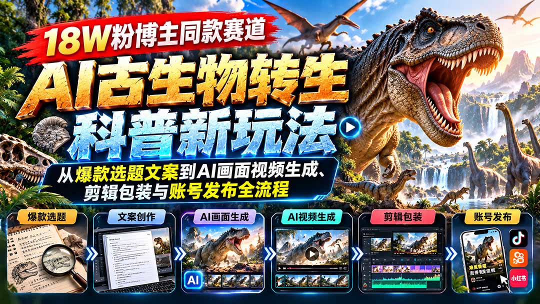 18W粉博主同款赛道-AI古生物转生科普新玩法:从爆款选题文案到AI画面视频生成、剪辑包装与账号发布全流程-酷乐网