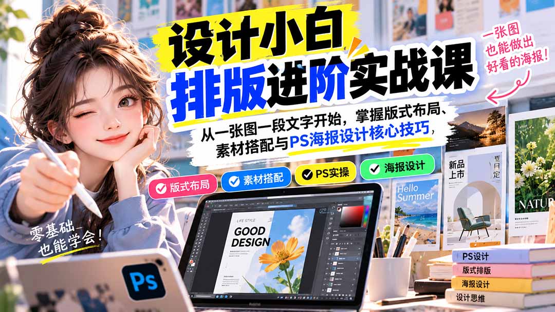 设计小白排版进阶实战课:从一张图一段文字开始,掌握版式布局、素材搭配与PS海报设计核心技巧-酷乐网