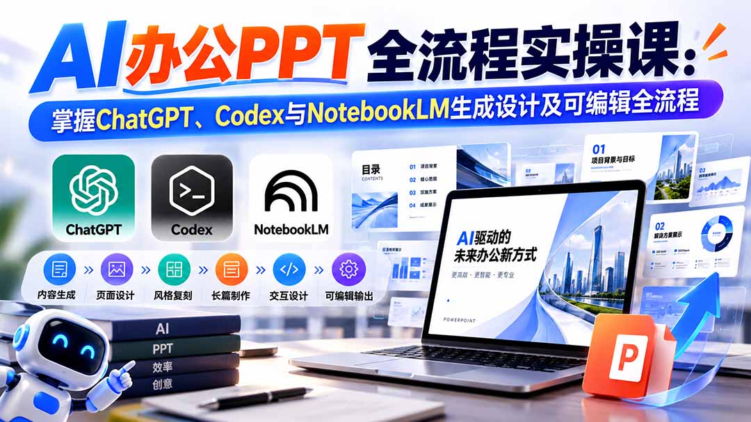 图片[1]-【无水印】AI办公PPT全流程实操课： 掌握ChatGPT、Codex与NotebookLM生成设计及可编辑全流程-酷乐网