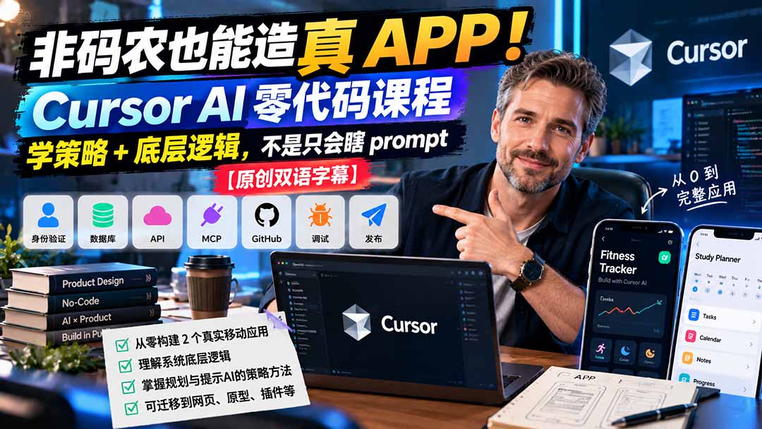 非码农也能造真 APP！Cursor AI 零代码课程：学策略 + 底层逻辑，不是只会瞎 prompt【原创双语字幕】-酷乐网