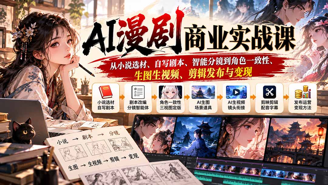 AI漫剧商业实战课：从小说选材、自写剧本、智能分镜到角色一致性、生图生视频、剪辑发布与变现-酷乐网