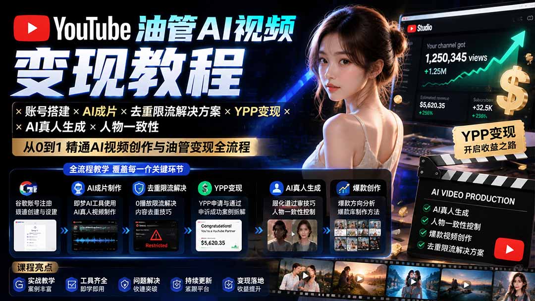YouTube油管AI视频变现教程-更新0926:账号搭建×AI成片×去重限流解决方案×YPP变现×AI真人生成×人物一致性-酷乐网