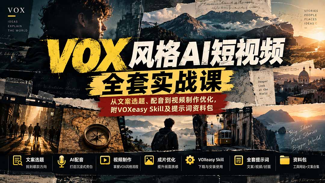 图片[1]-【无水印】VOX风格AI短视频全套实战课：从文案选题、配音到视频制作优化，附VOXeasy Skill及提示词资料包-酷乐网
