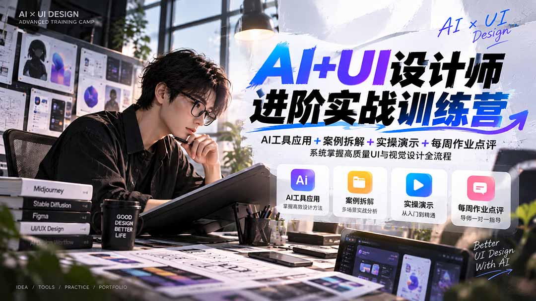 【无水印】AI+UI设计师进阶训练营-第4期:AI工具应用+案例拆解+实操演示+作业点评,掌握高质量UI与视觉设计全流程-酷乐网