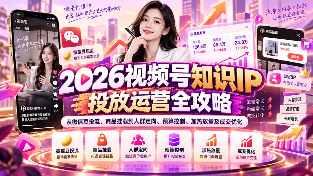图片[1]-2026视频号知识IP投放运营全攻略：从微信豆投流、商品挂载到人群定向、预算控制、加热放量及成交优化-酷乐网