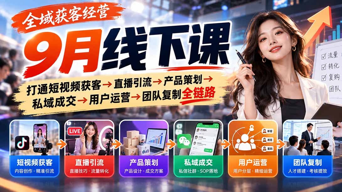图片[1]-全域获客经营9月线下课：打通短视频获客→直播引流→产品策划→私域成交→用户运营→团队复制全链路-酷乐网