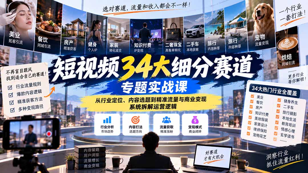 图片[1]-短视频34大细分赛道专题实战课：从行业定位、内容选题到精准流量与商业变现，系统拆解运营逻辑-酷乐网