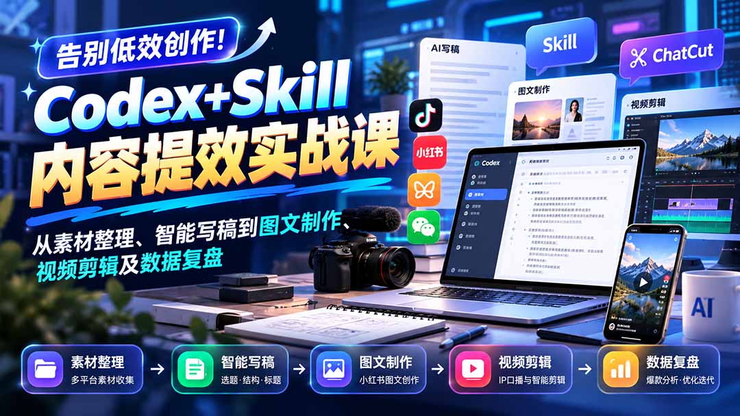 【无水印】告别低效创作!Codex+Skill内容提效实战课:从素材整理、智能写稿到图文制作、视频剪辑及数据复盘-酷乐网