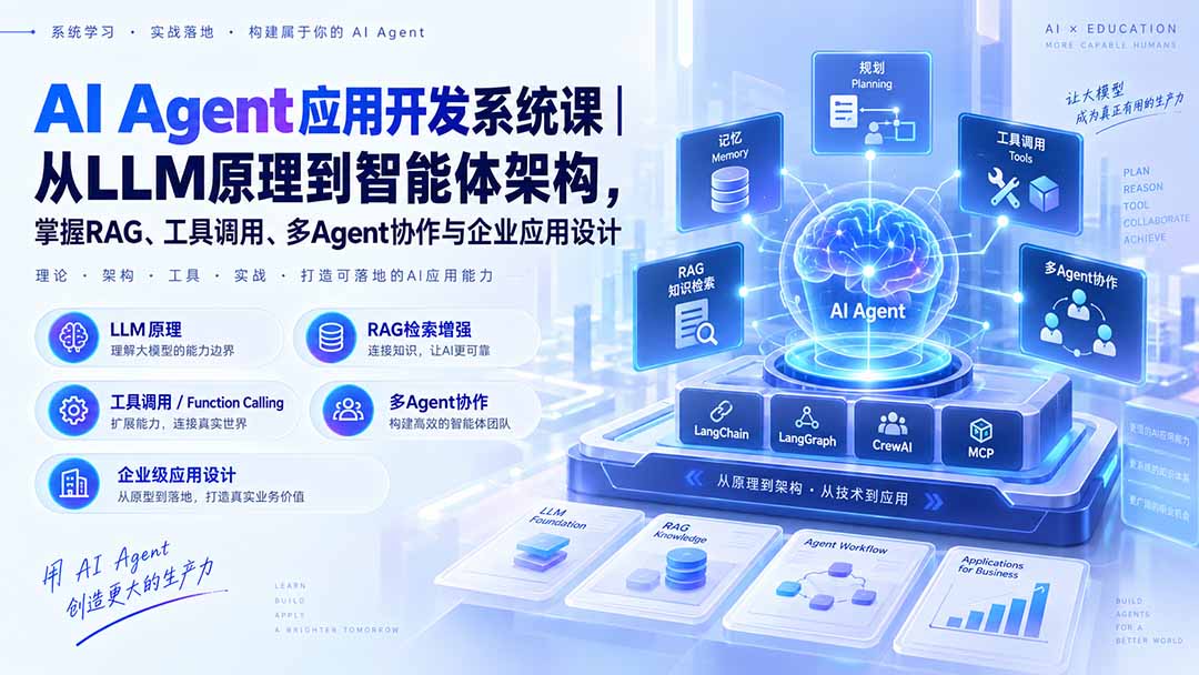 AI Agent应用开发系统课-179节|从LLM原理到智能体架构,掌握RAG、工具调用、多Agent协作与企业应用设计-酷乐网