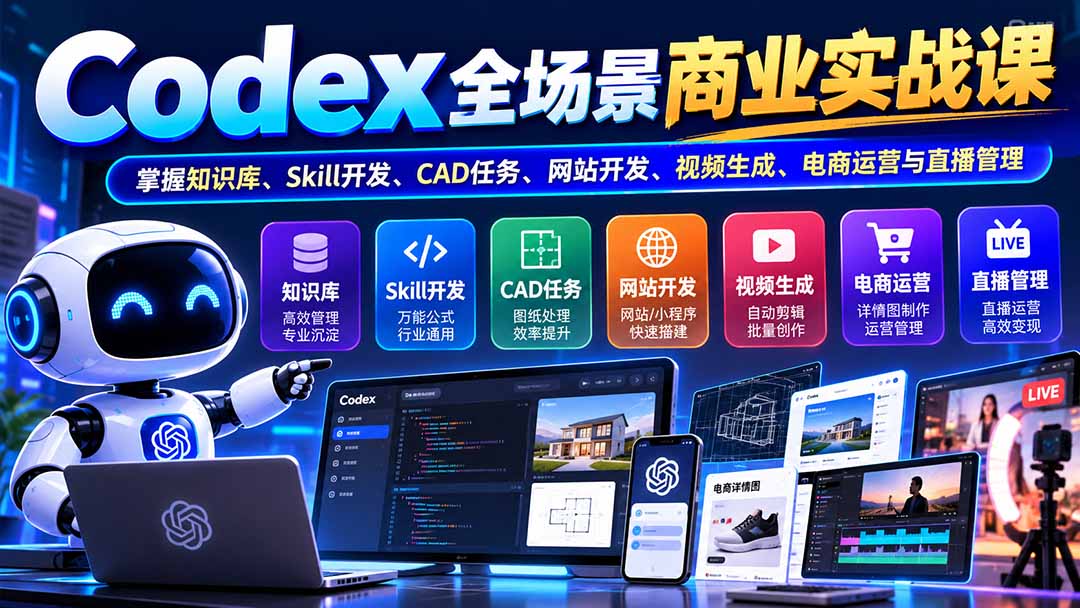 【无水印】Codex全场景商业实战课:掌握知识库、Skill开发、CAD任务、网站开发、视频生成、电商运营与直播管理-酷乐网
