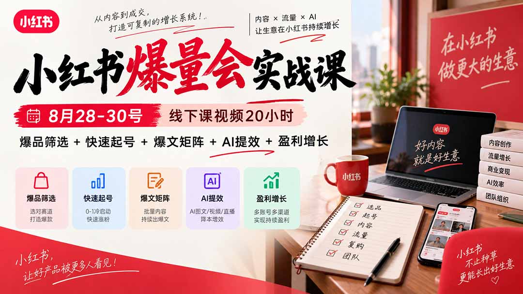 图片[1]-小红书爆量会实战课-更新9月23：线下课视频20小时，爆品筛选+快速起号+爆文矩阵+AI提效+盈利增长-酷乐网