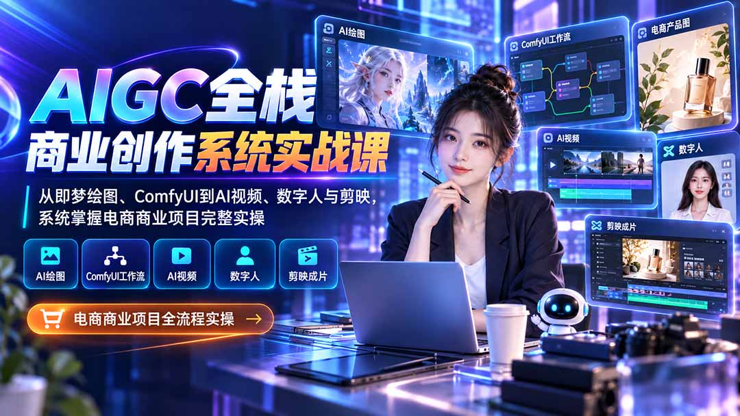 AIGC全栈商业创作系统实战课-无水印:从即梦绘图、ComfyUI到AI视频、数字人与剪映,系统掌握电商商业项目完整实操-酷乐网