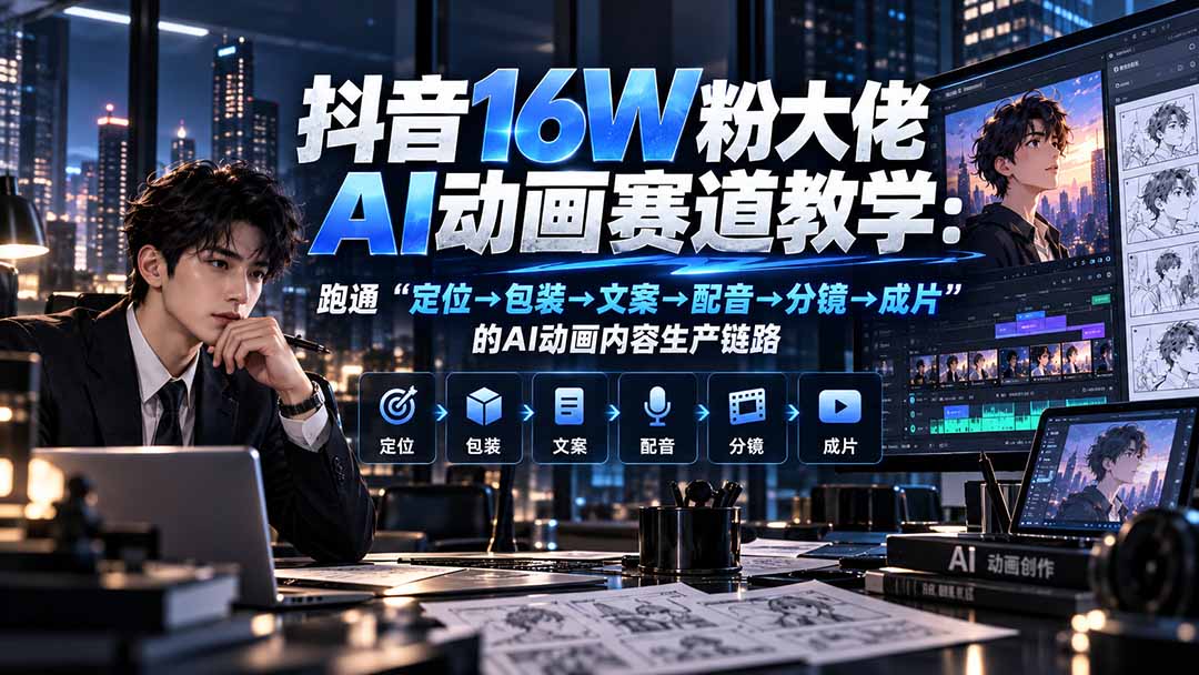 抖音16W粉大佬规则门禁AI动画赛道教学：跑通“定位→包装→文案→配音→分镜→成片”的AI动画内容生产链路-酷乐网