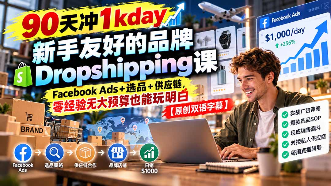 90天冲1kday 新手友好的品牌Dropshipping课:Facebook Ads+选品+供应链,零经验无大预算也能玩明白【原创双语字幕】-酷乐网