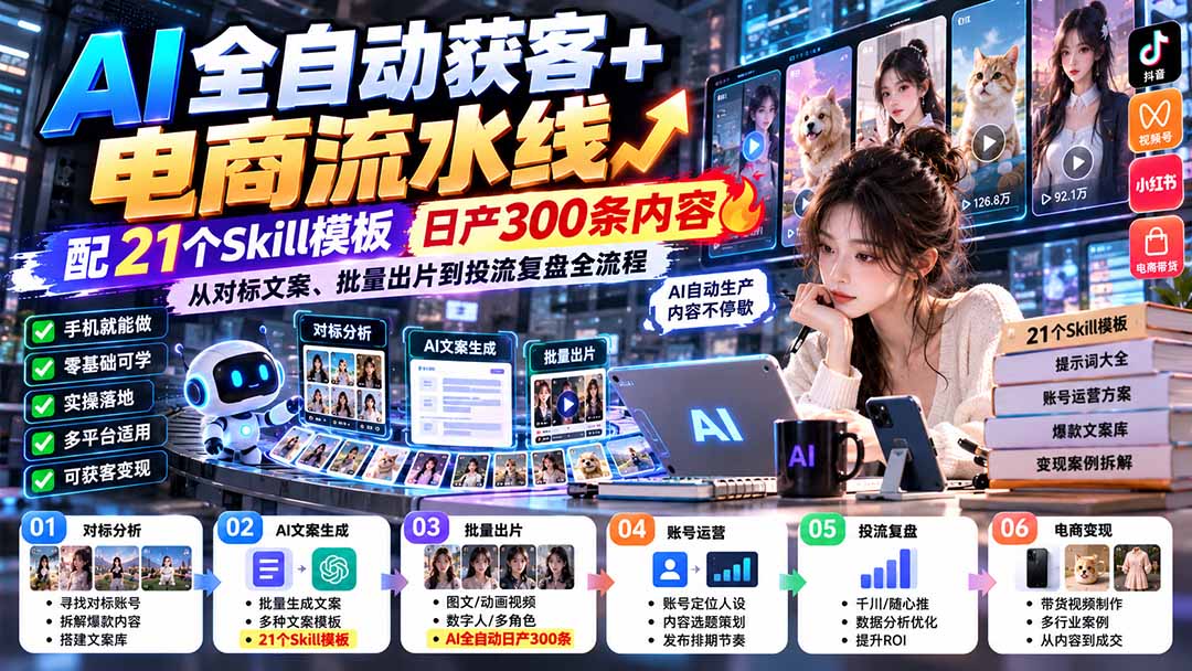 AI全自动获客+电商流水线:配21个Skill模板,日产300条内容,从对标文案、批量出片到投流复盘全流程-酷乐网