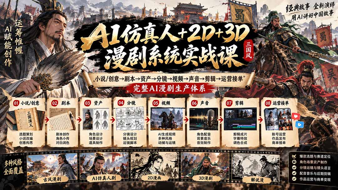 图片[1]-AI仿真人+2D+3D漫剧系统实战课：小说/创意→剧本→资产→分镜→视频→声音→剪辑→运营接单，完整AI漫剧生产体系-酷乐网