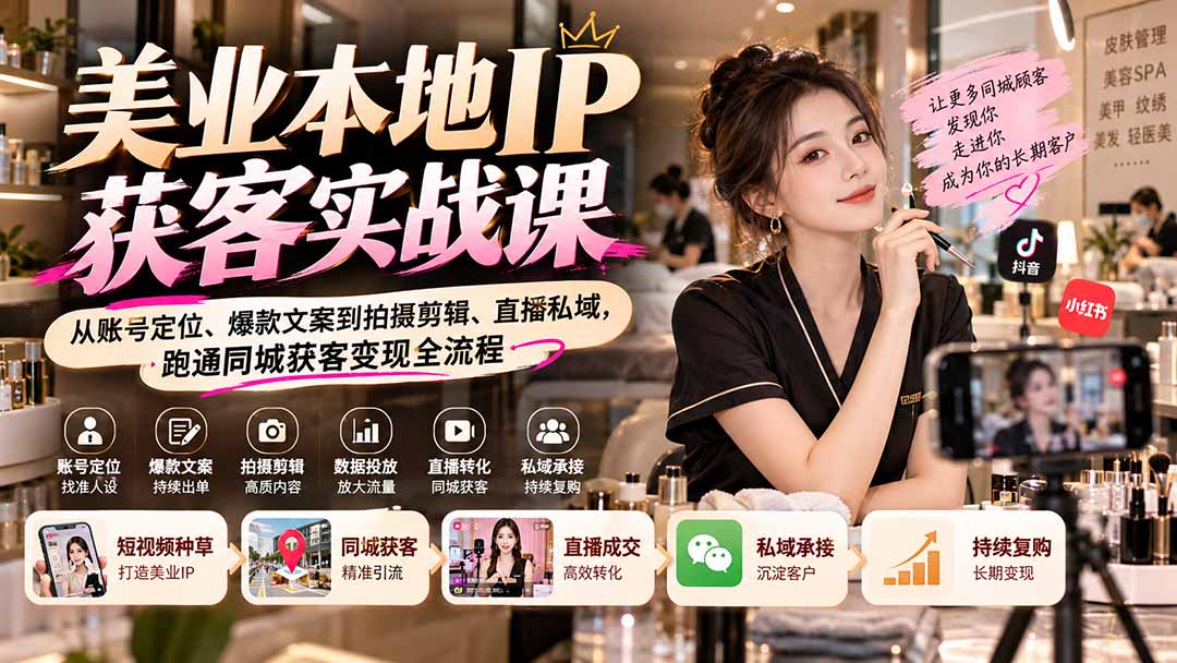 图片[1]-【无水印】美业本地IP获客实战课：从账号定位、爆款文案到拍摄剪辑、直播私域，跑通同城获客变现全流程-酷乐网