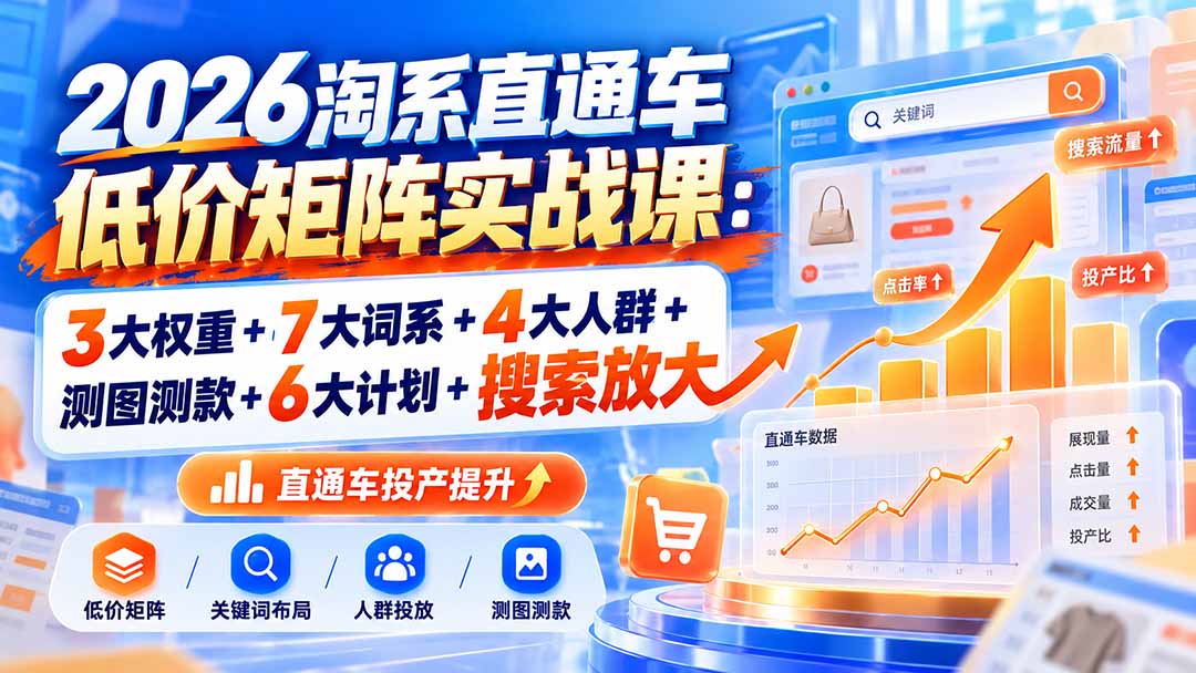 2026淘系直通车低价矩阵实战课：3大权重+7大词系+4大人群+测图测款+6大计划+搜索放大-酷乐网