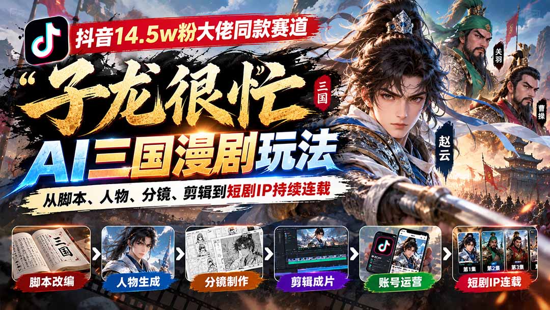 图片[1]-抖音14.5w粉大佬同款赛道「子龙很忙」AI三国漫剧玩法：从脚本、人物、分镜、剪辑到短剧IP持续连载-酷乐网