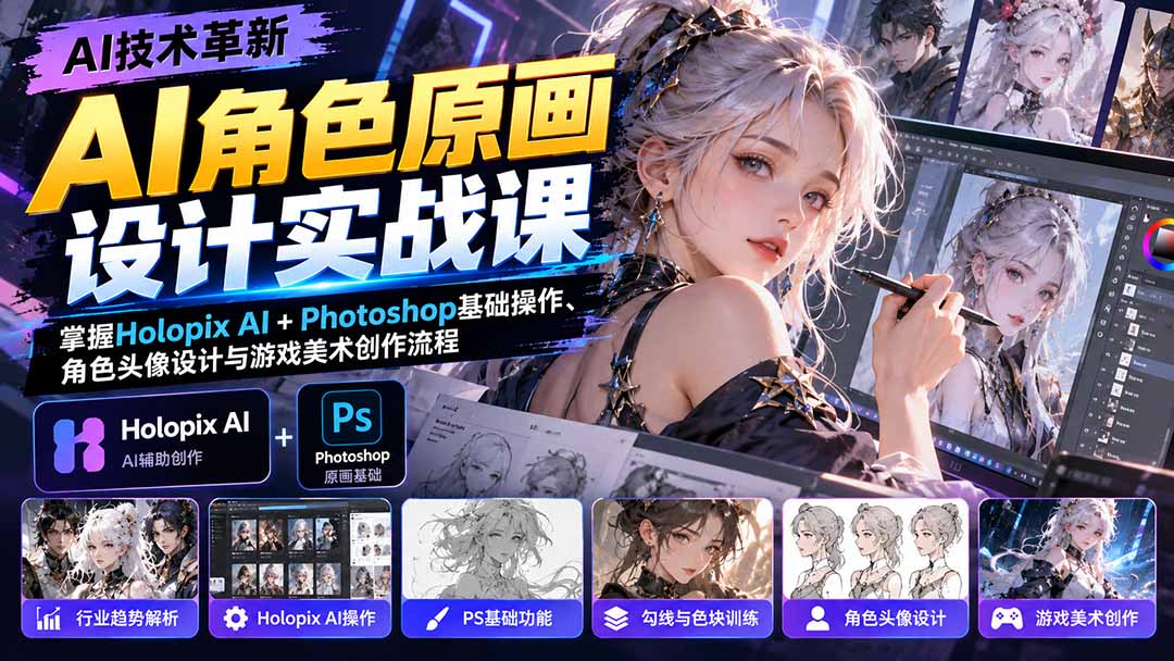 AI角色原画设计实战课:掌握Holopix AI+Photoshop基础操作、角色头像设计与游戏美术创作流程-酷乐网