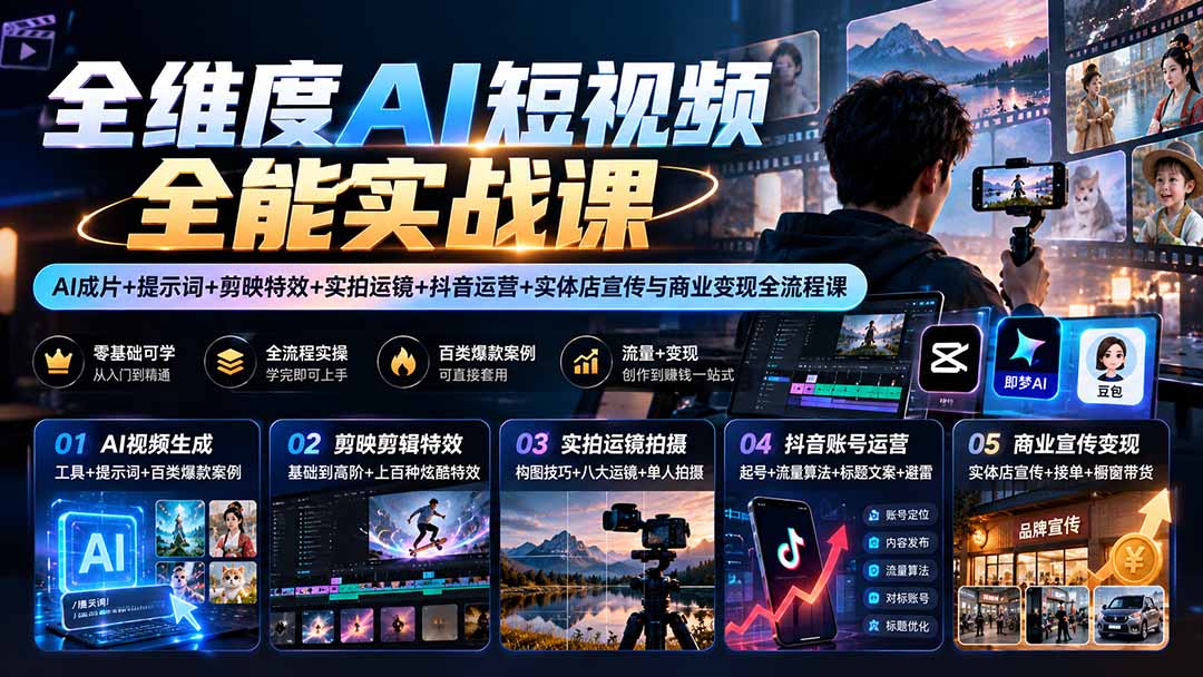 【无水印】全维度AI短视频全能实战课：AI成片+提示词+剪映特效+实拍运镜+抖音运营+实体店宣传与商业变现全流程课-酷乐网