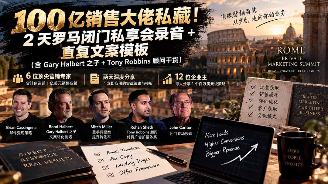 100亿销售大佬私藏-无水印!2天罗马闭门私享会录音+直复文案模板【原创双语字幕】-酷乐网
