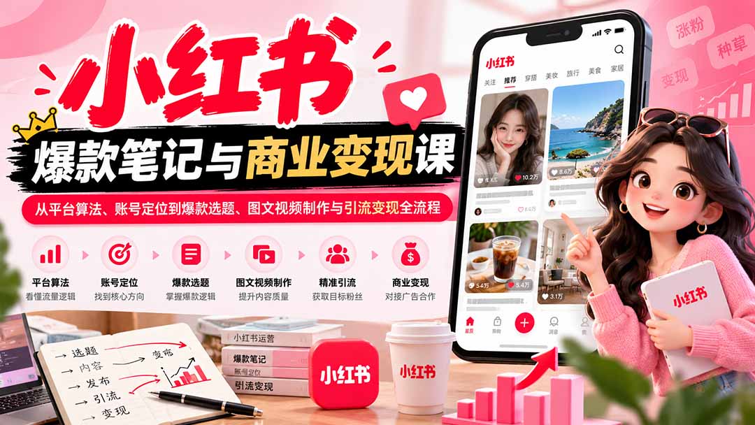 2026小红书爆款笔记与商业变现课:从平台算法、账号定位到爆款选题、图文视频制作与引流变现全流程-酷乐网