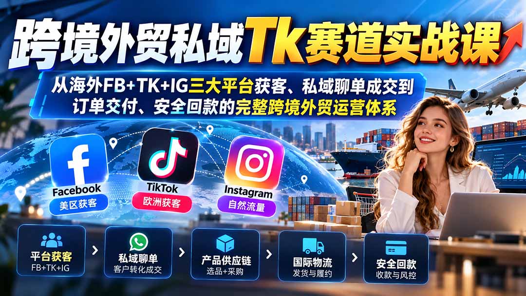 跨境外贸私域Tk赛道实战课：从海外FB+TK+IG三大平台获客、私域聊单成交到订单交付、安全回款的完整跨境外贸运营体系-酷乐网