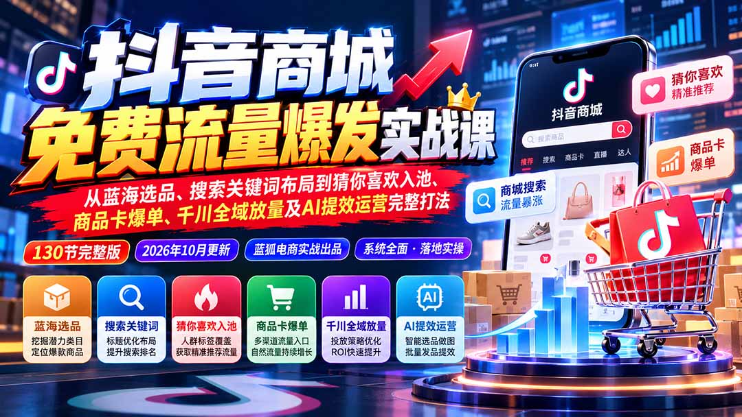 抖音商城免费流量爆发实战：从蓝海选品、搜索关键词布局到猜你喜欢入池、商品卡爆单、千川全域放量及AI提效完整打法-酷乐网