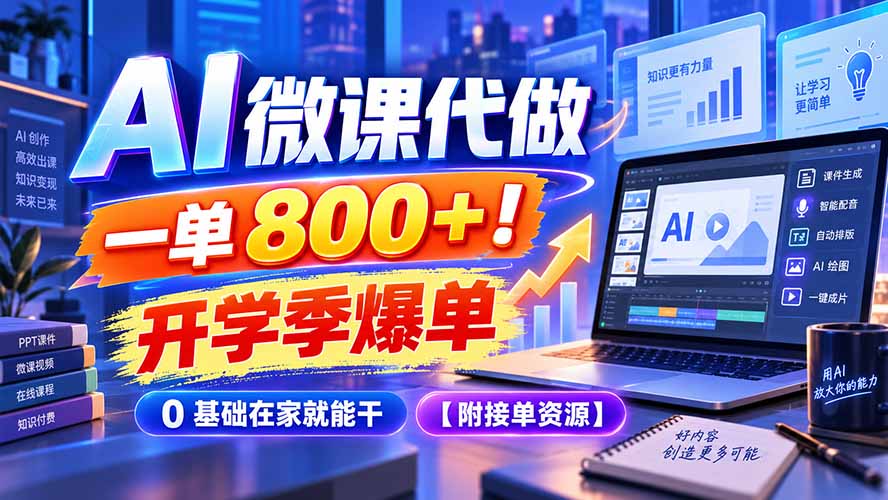 AI 微课代做，一单 800+！开学季爆单，0 基础在家就能干【附接单资源】-酷乐网