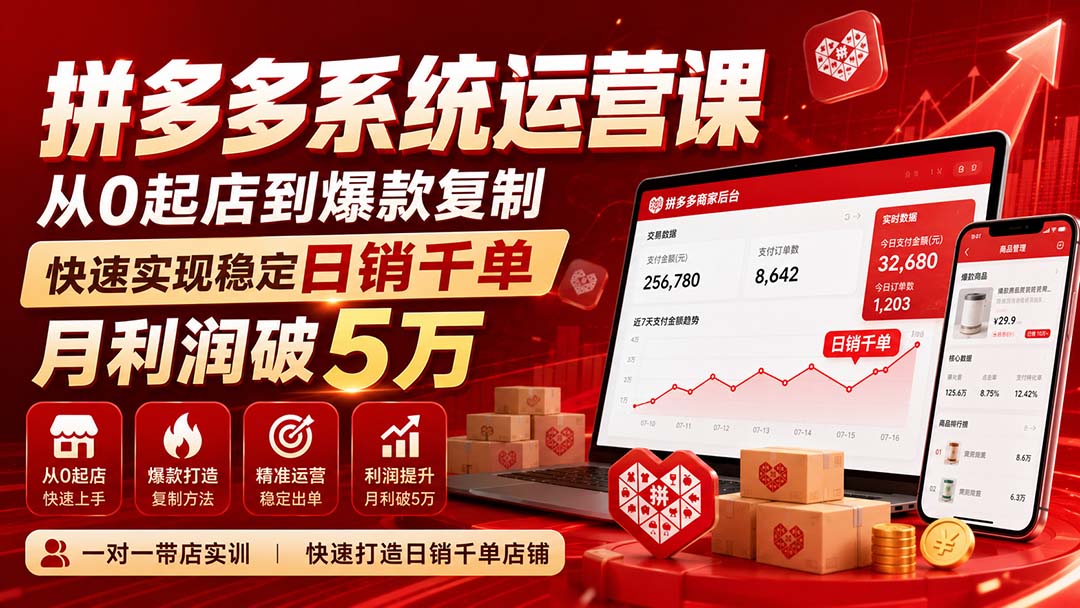 拼多多系统运营课-无水印(更新9月)，从0起店到爆款复制，快速实现稳定日销千单，月利润破5万-酷乐网