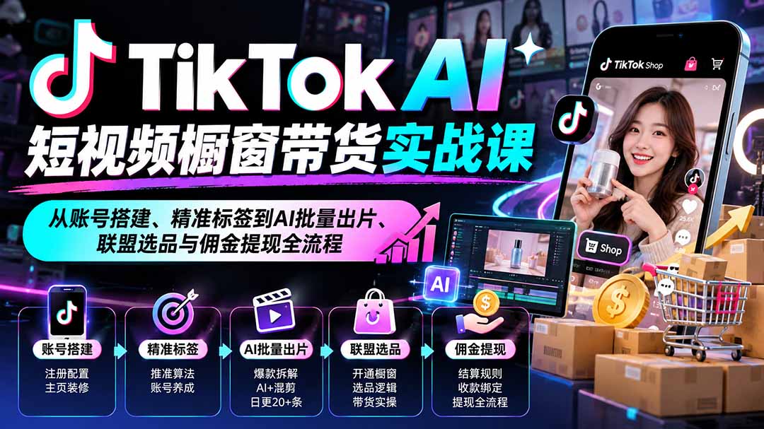 TikTok AI短视频橱窗带货实战课:从账号搭建、精准标签到AI批量出片、联盟选品与佣金提现全流程-酷乐网