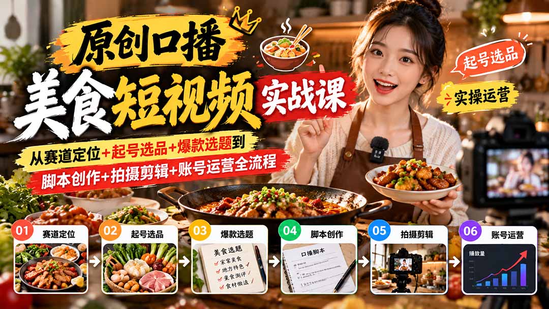原创口播美食短视频实战课:从赛道定位+起号选品+爆款选题到脚本创作+拍摄剪辑+账号运营全流程-酷乐网