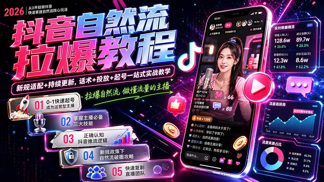 抖音自然流拉爆教程-更新9月:做懂流量的主播,新规适配+持续更新,话术+投放+起号一站式实战教学-酷乐网