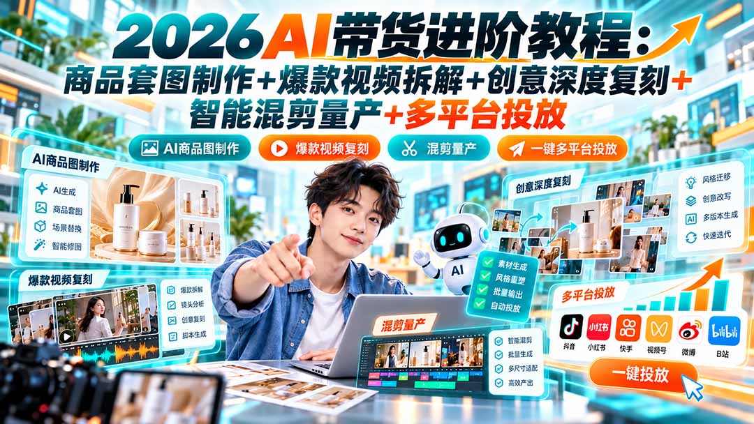图片[1]-2026AI带货进阶教程：商品套图制作+爆款视频拆解+创意深度复刻+智能混剪量产+多平台投放-酷乐网